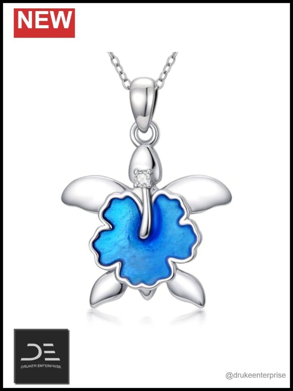 Sterling Silver Sea Turtle Necklace Blue Hibiscus Pendant 18 Inch Chain